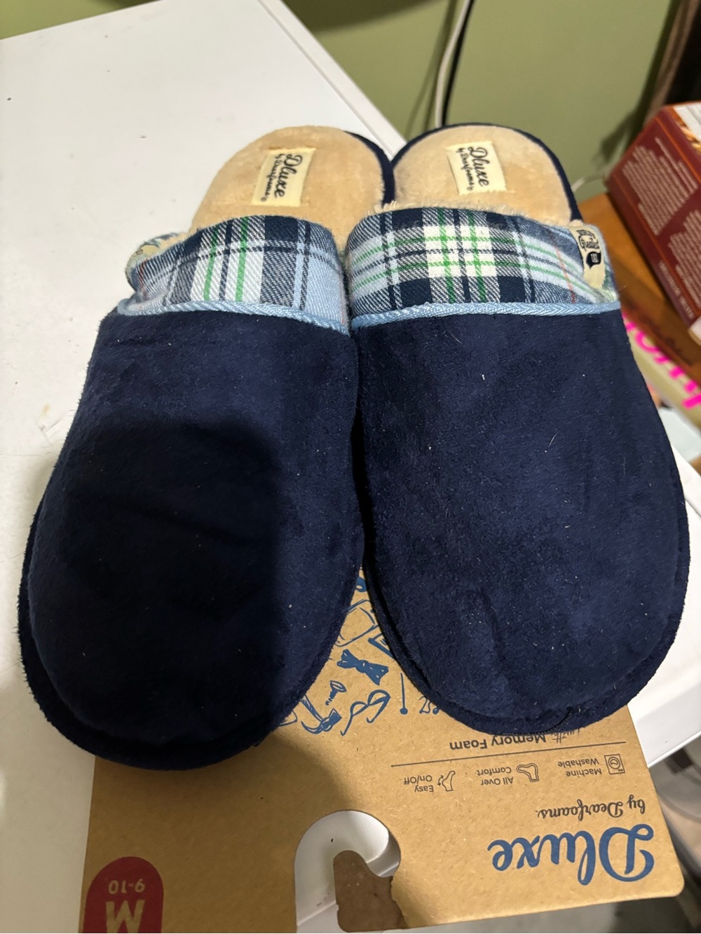 Men's Navy Plaid Slip-On Slippers by Dearfoams